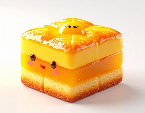cute 3D cartoon Taiwanese pineapple cake, adorable chibi style, square golden pastry with pineapple jam filling visible