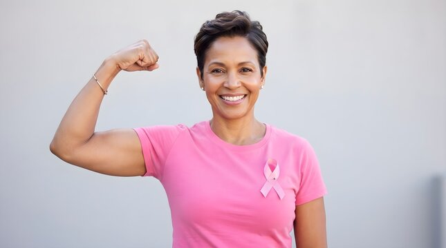 A confident woman wearing a pink shirt flexes her arm to show strength during the annual breast cancer awareness month campaign event