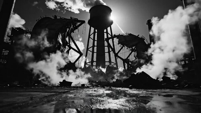 Black and white shot of an industrial wasteland with a water tower, rubble, and smoke.