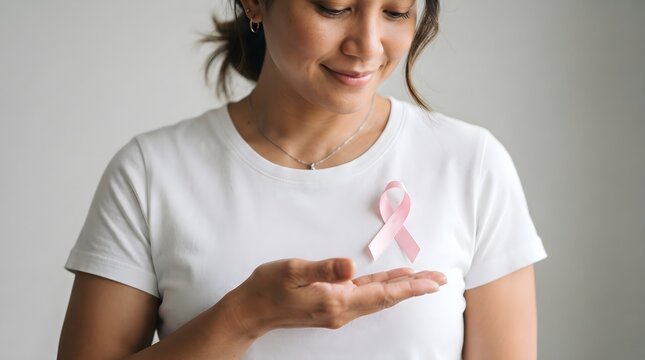 A thoughtful woman holding a pink ribbon on her palm to show support and raise awareness during breast cancer awareness month in october