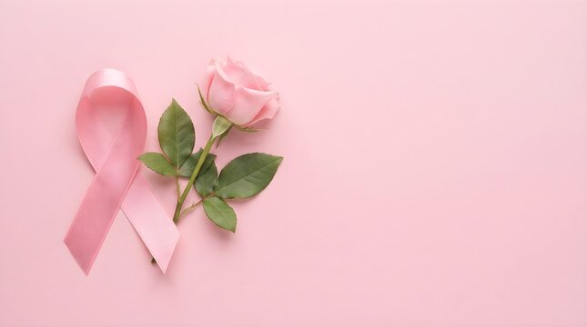 A beautiful pink rose flower next to a pink awareness ribbon on a soft pink background for breast cancer awareness month concept