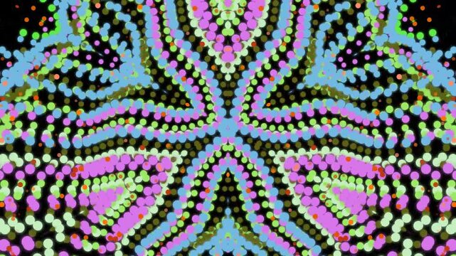Vibrant abstract kaleidoscope pattern with colorful dots forming a symmetrical psychedelic design