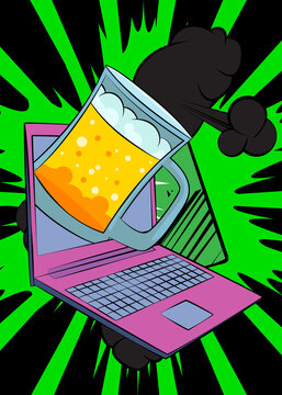 Cartoon Laptop, comic book Notebook with Mug of Beer. Retro comics pop art design.