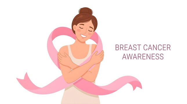 A young woman embracing herself with a pink ribbon as a symbol of support during the annual breast cancer awareness month campaign