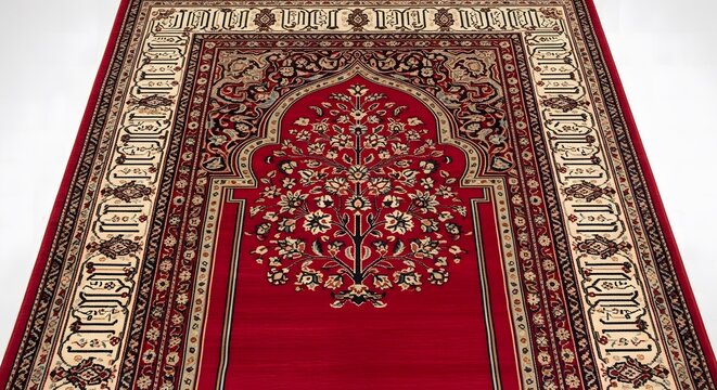 A vibrant red traditional Islamic prayer rug with intricate floral patterns and ornate border designs.