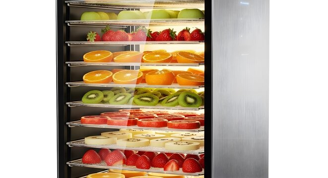 Professional food dehydrator machine featuring layers of fresh oranges, kiwis, and strawberries behind a glass door.