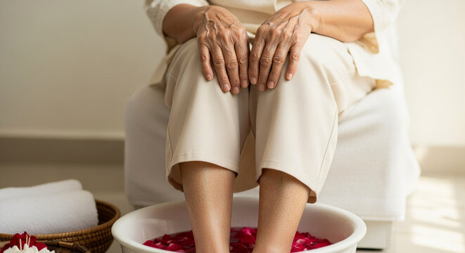 Senior woman resting hands on knees while soaking feet in a white basin with red rose petals during a relaxing home spa and wellness treatment session.