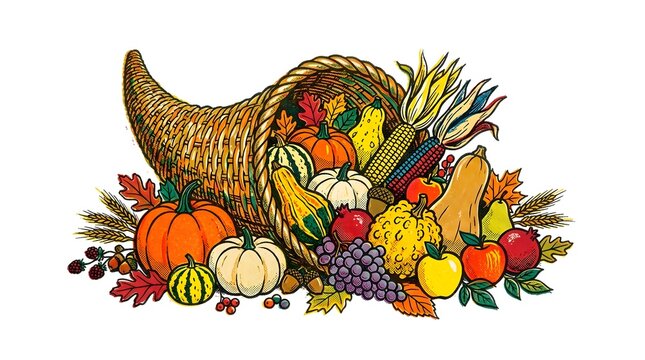 A colorful hand-drawn cornucopia filled with harvest fruits, pumpkins, and autumn vegetables
