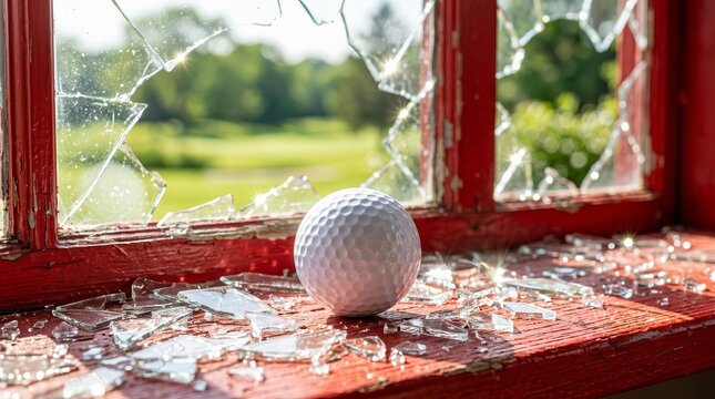 A white golf ball rests on a red wooden surface among shattered glass shards.