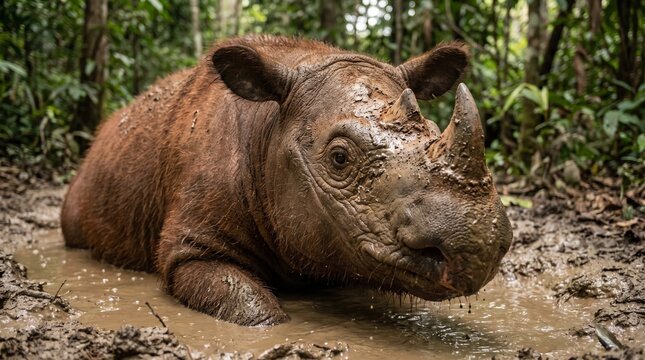 Sumatran rhinoceros in mud