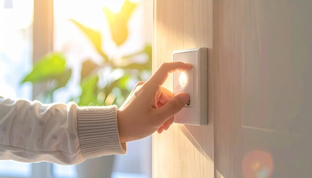A hand pressing or pushing a wall light switch in a cozy sunny room interior with plant background, saving energy concept