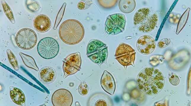 Diverse colorful microscopic plankton organisms with intricate internal structures in a scientific close-up.