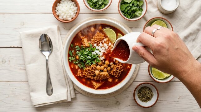 Authentic Mexican Menudo callos tripe soup in a rustic bowl on a white background.