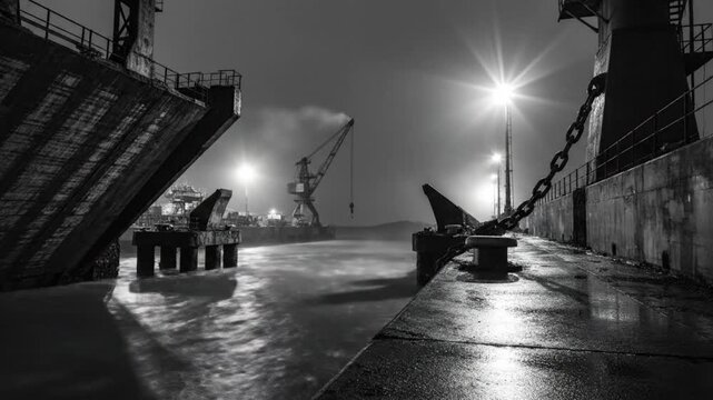 Dramatic black and white long exposure of a foggy industrial port at night with cargo cranes and ships