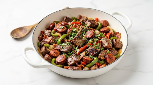 Authentic Mexican Discada Chihuahua mixed meat dish in a white skillet on a white background.