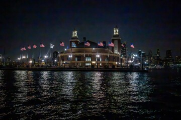 Naklejka premium downtown Chicago view from Lake Michigan at night