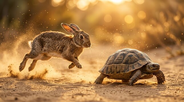 A fast-moving rabbit chases a slowly walking tortoise in a golden dusty environment.