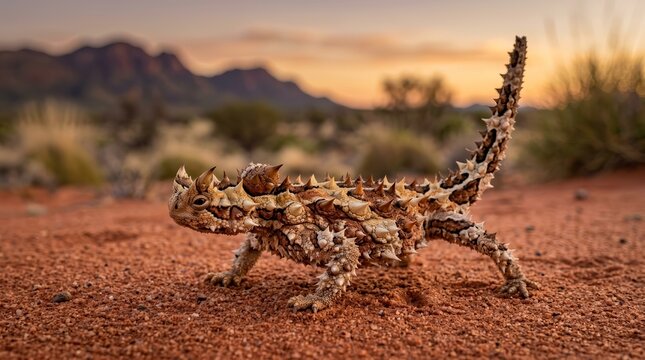 Thorny Devil walking across the red sand desert in Australia during twilight.