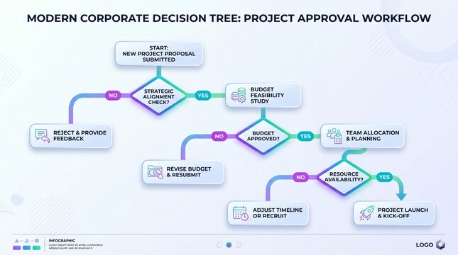 Modern corporate decision tree project approval workflow infographic chart for business