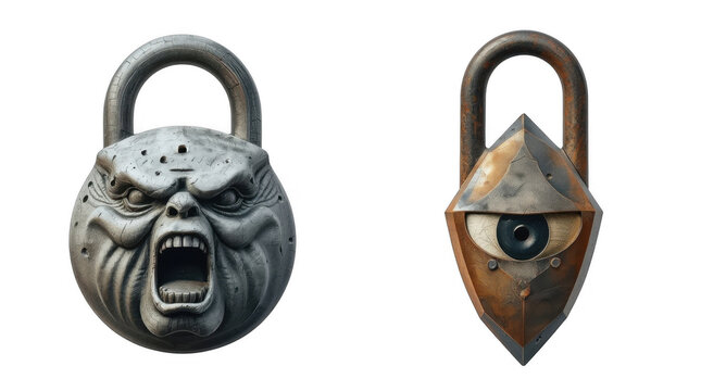 Two Fantasy Ornate Padlocks with Monstrous Facial Features