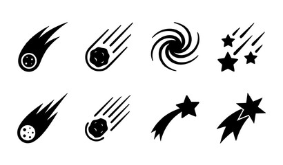 Set of black and white space icons featuring comets asteroids galaxies and falling stars for graphic design © Moja