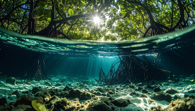 Over-under split level underwater view of a tropical mangrove forest with sunlight filtering through the canopy and clear turquoise water above a sandy seabed