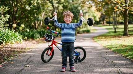 Fototapeta premium Joyful young boy holding training wheels for his bicycle in a park setting