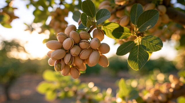 Fresh Pistachios Hanging Among Green Leaves in Orchard at Sunset