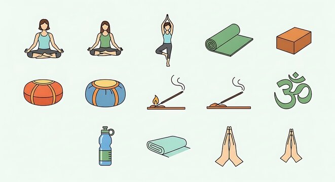 Illustration of meditation and yoga accessories.
