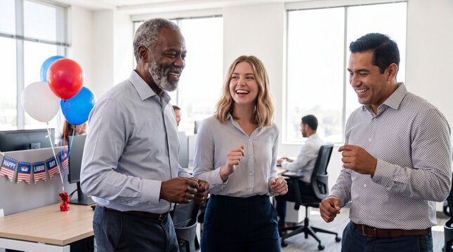 A multigenerational team chats and celebrates Labor Day in a bright office for internal company communications