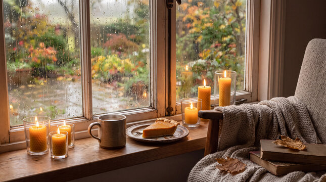 A rainy autumn window sill with pumpkin pie and candles offers a cozy indoor retreat for fall comfort advertising