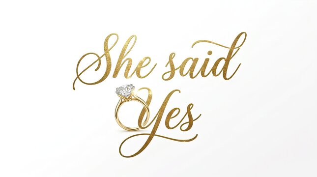 Elegant gold calligraphy text reading she said yes with a sparkling diamond engagement ring on white background