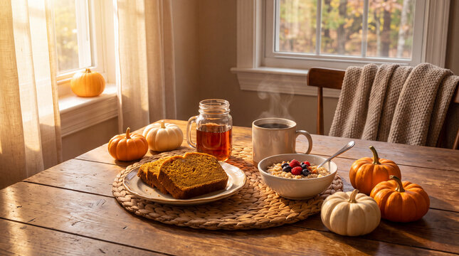 A warm autumn breakfast table with pumpkin bread and maple syrup celebrates cozy harvest mornings for fall food marketing
