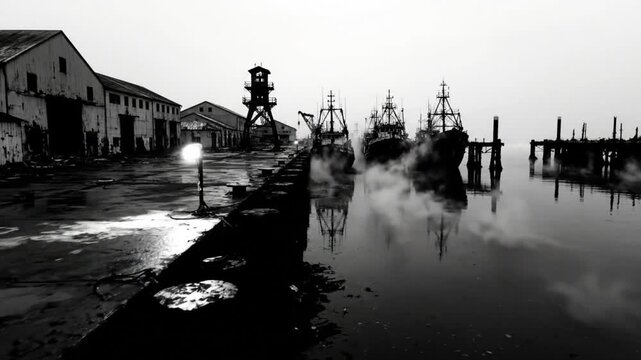 Black and white view of fishing boats docked at a pier surrounded by fog in a desolate coastal town