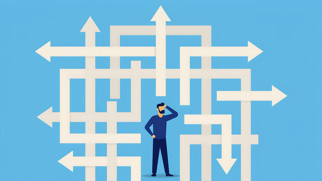 Man facing many different paths with complex arrows representing difficult business decisions and career strategy business decision direction strategy planning management challenges solutions