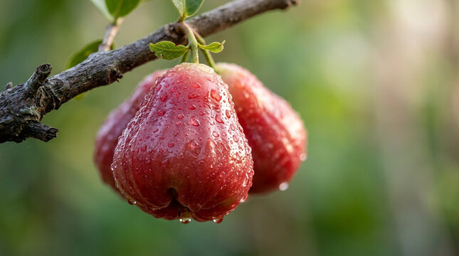 Dew drops on ripe red wax apples hanging from a branch, shallow depth of field