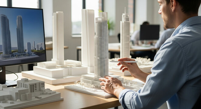 Architect Working on Urban Development Project with Skyscraper Scale Models and 3D Visualization