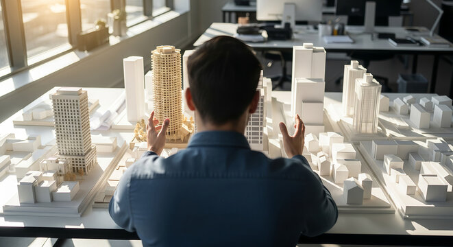 Architect Examining Detailed Architectural Scale Model of a Modern City
