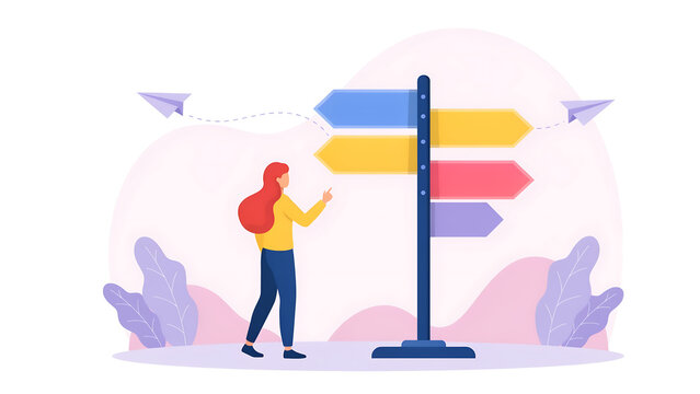 Businesswoman standing in front of a signpost choosing direction vector illustration decision direction signpost guidance wayfinding illustration business planning thinking strategy
