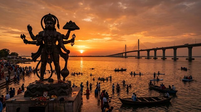 Ganesh idol carried to the sea water at the beach for immersion. Last day of the Ganesh Festival celebration in Mumbai, India.
