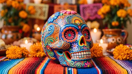 Obraz premium Vibrant Day of the Dead Sugar Skull Decorated with Intricate Patterns and Flowers Surrounded by Marigolds and Candles