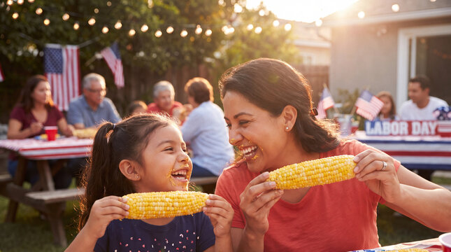 A Latino mother and young daughter eat corn at a Labor Day backyard cookout, ideal for food and festive lifestyle marketing
