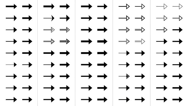 Set of professional black pointing arrows in multiple thicknesses and styles with navigation direction pointing interface collection indicators isolated elements