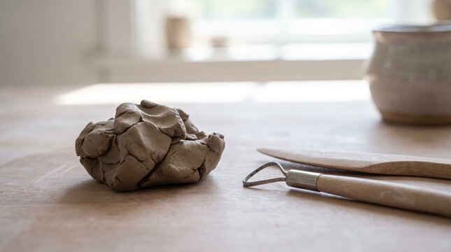 A lump of gray clay sits on a wooden table. Nearby are two sculpting tools. Natural light streams through a window in the background.
