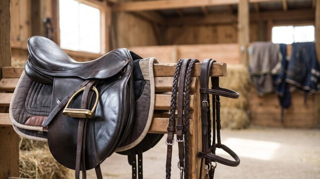 A brown leather saddle rests on a wooden rack in a rustic barn. Nearby, horse reins hang alongside the saddle, with hay scattered on the floor.