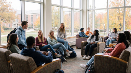 Obraz premium Diverse college students with backpacks relax and talk in a dormitory common room on an autumn back-to-school evening