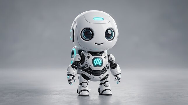 A cute small white robot character with large eyes standing against a simple soft gray studio background