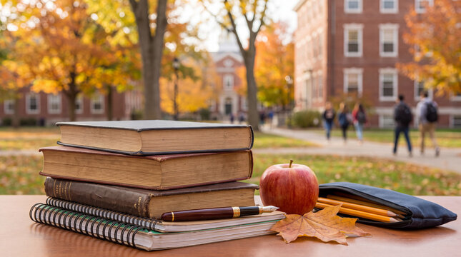 Stacked books and fountain pen create autumn back to school campus education scene for student learning with stationery supplies in fall