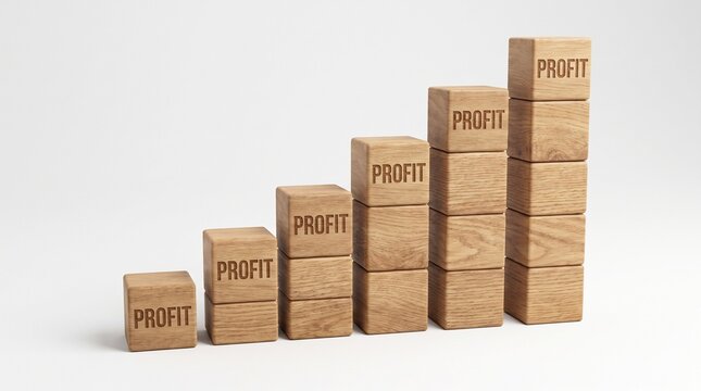 Profit wooden block chart on white background representing financial growth revenue investment and business success