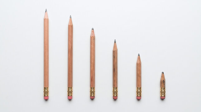 Row of wooden pencils in descending sizes on white background representing growth, progress, or decline